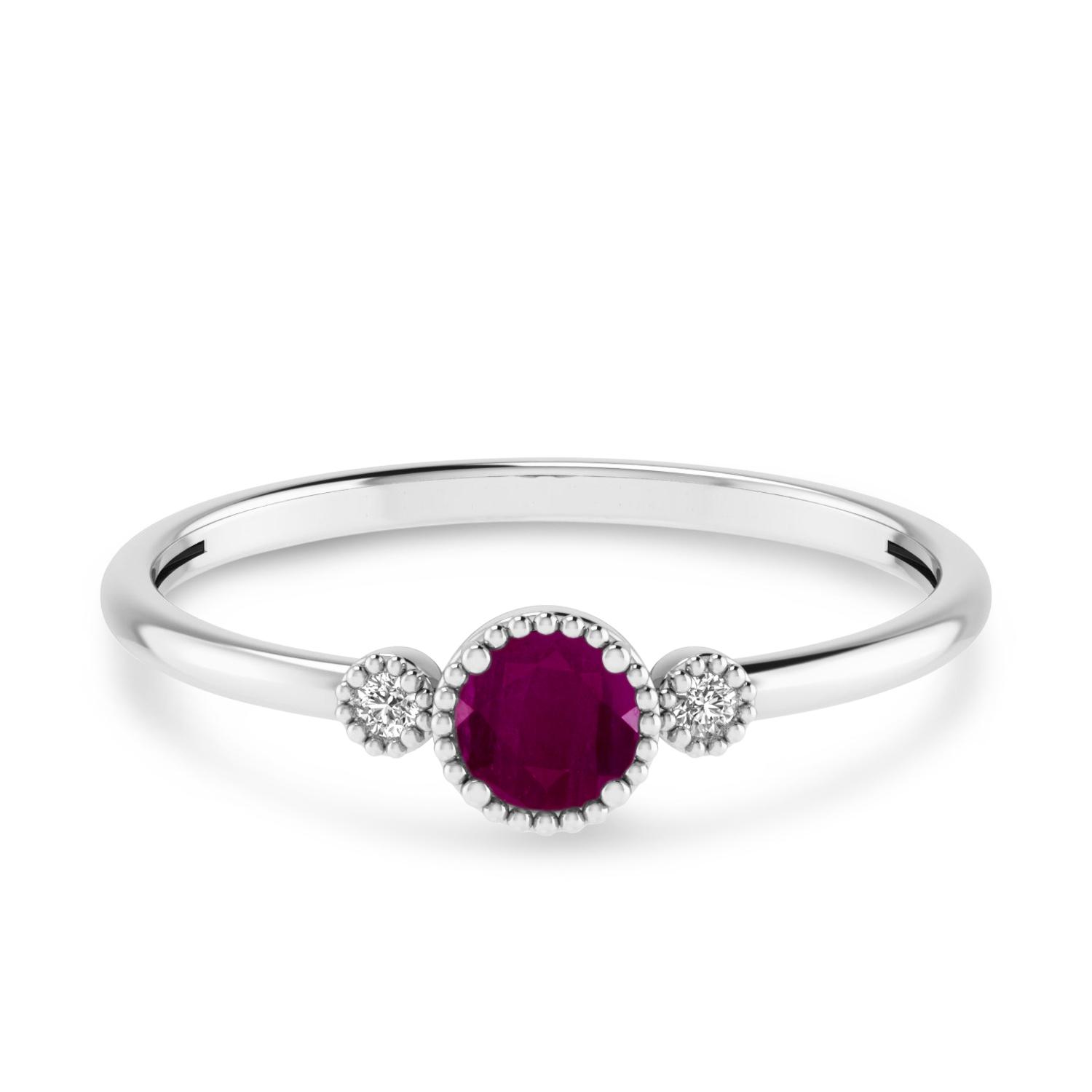 10K White Gold 4mm Round Ruby and Diamond Millgrain Birthstone Ring