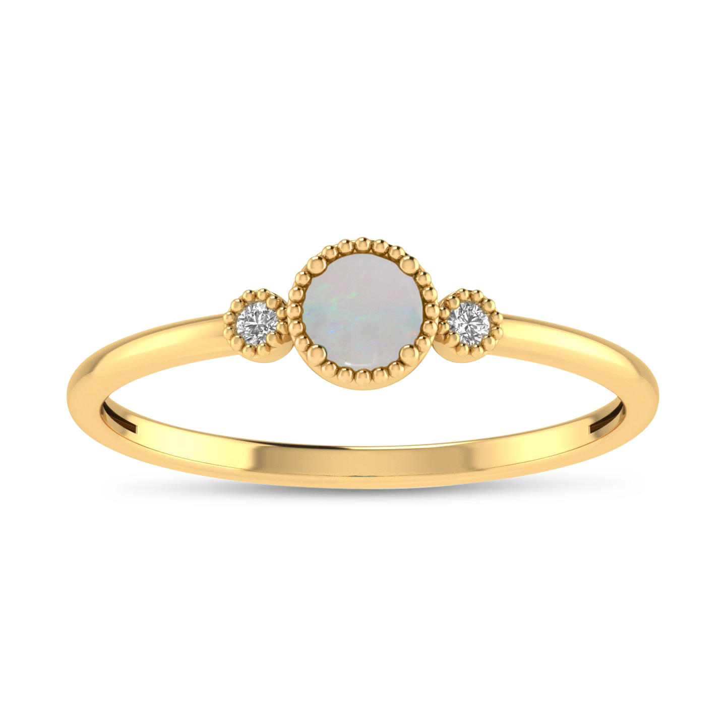 14K Yellow Gold 4mm Round Opal Millgrain Birthstone Ring