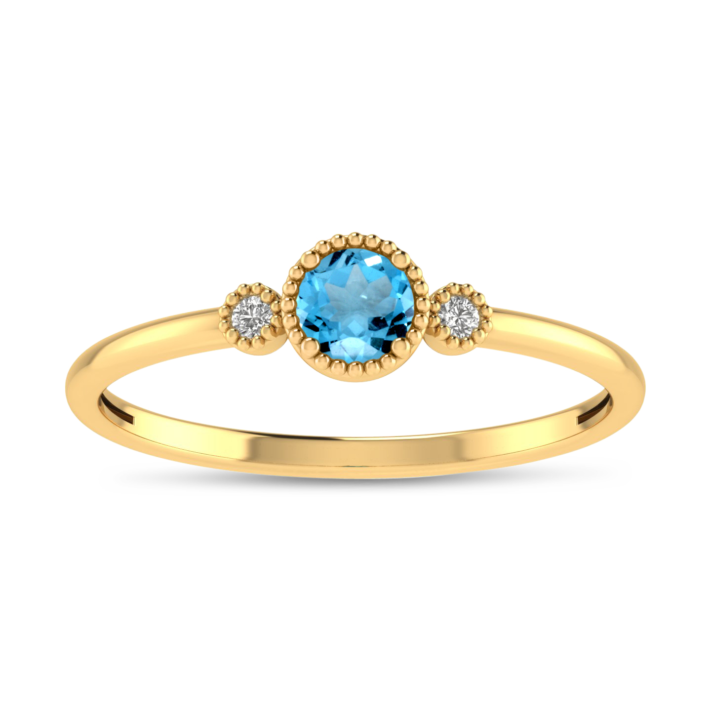 14K Yellow Gold 4mm Round Blue Topaz Millgrain Birthstone Ring