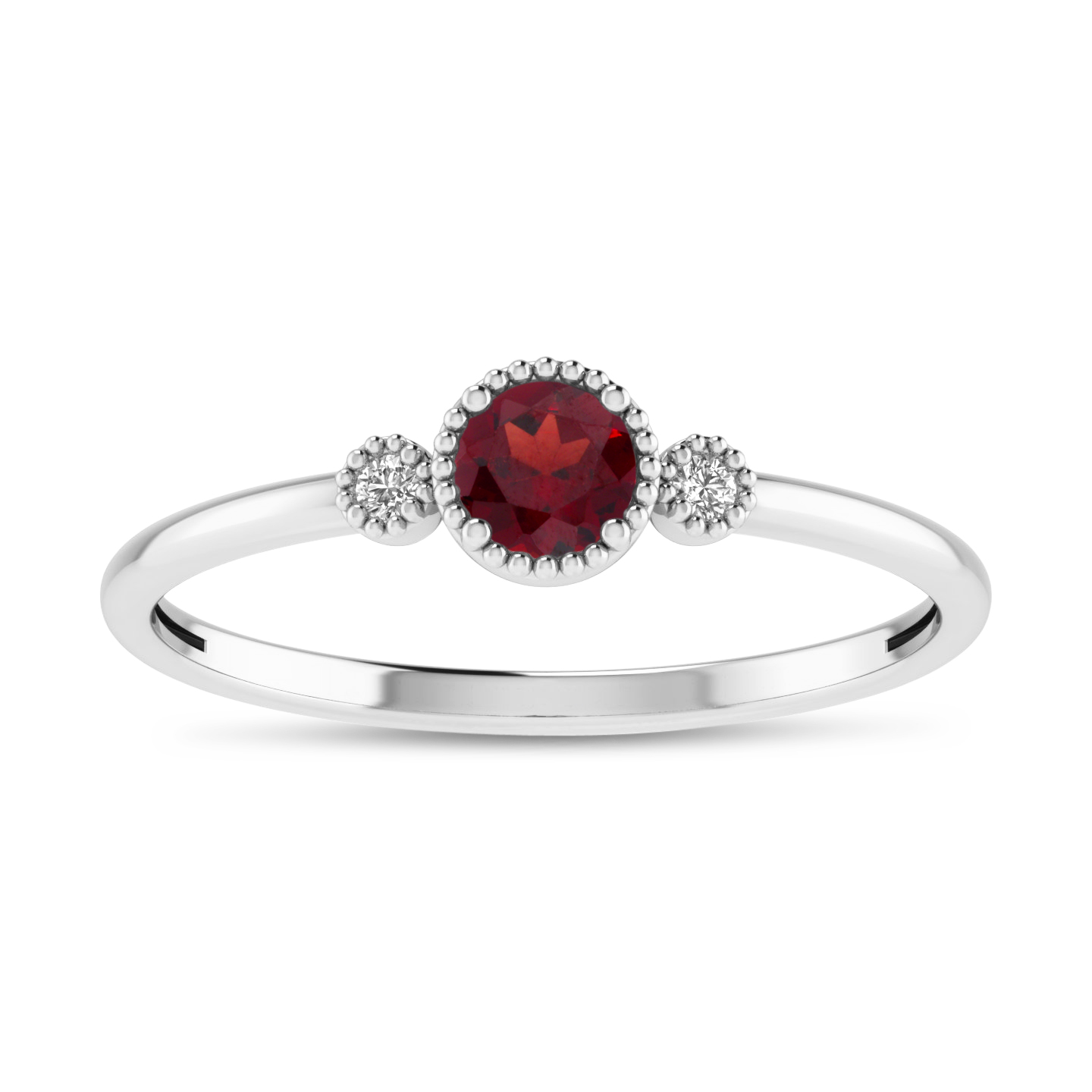 14K White Gold 4mm Round Garnet Millgrain Birthstone Ring