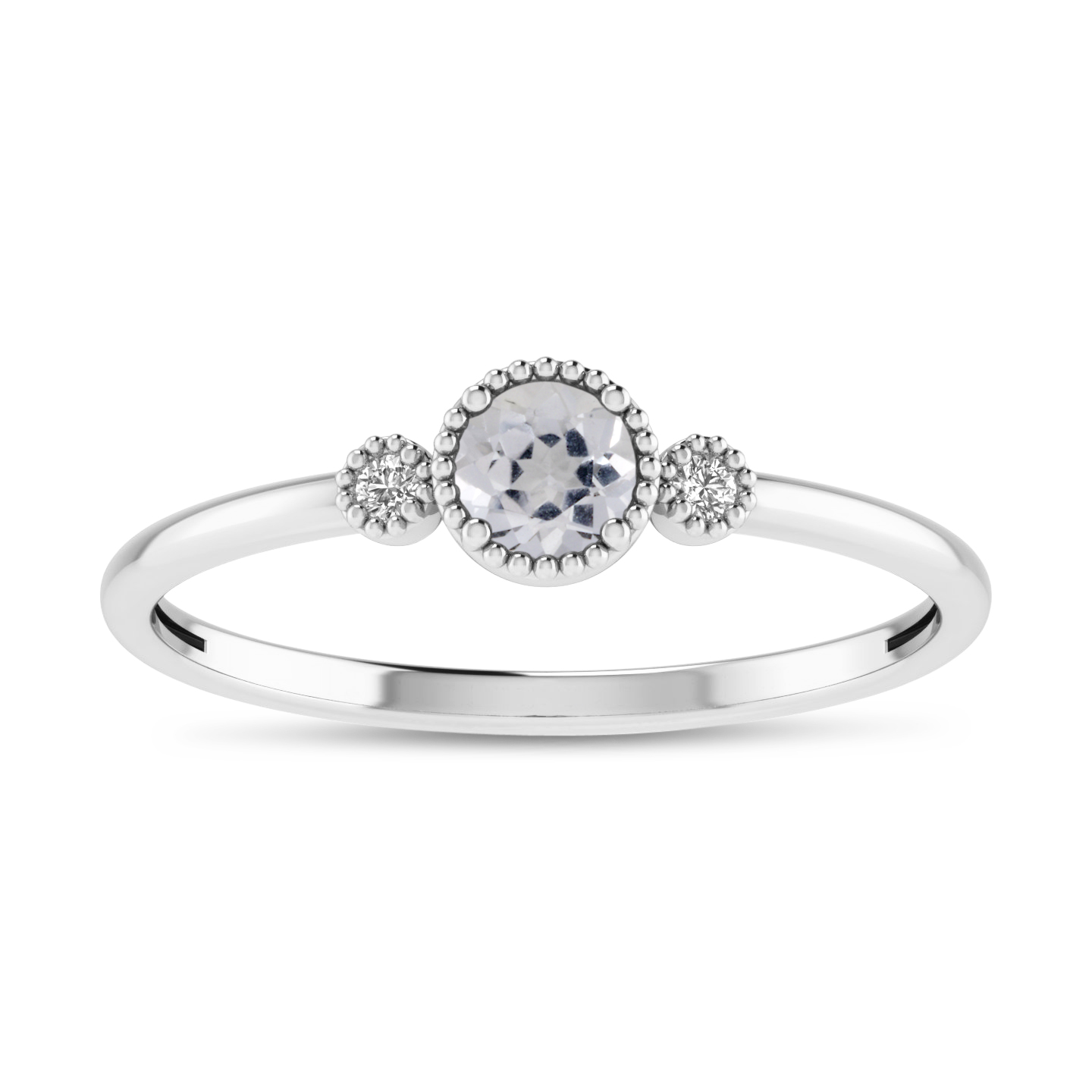 14K White Gold 4mm Round White Topaz Millgrain Birthstone Ring