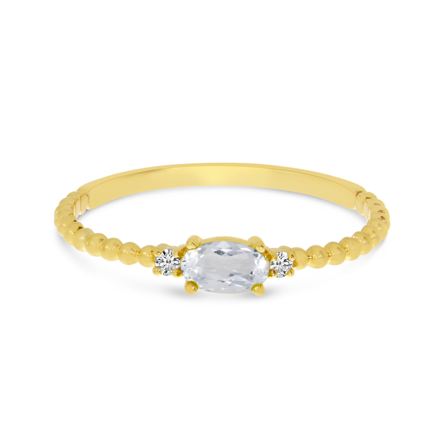 14K Yellow Gold East To West Oval White Topaz Birthstone Ring