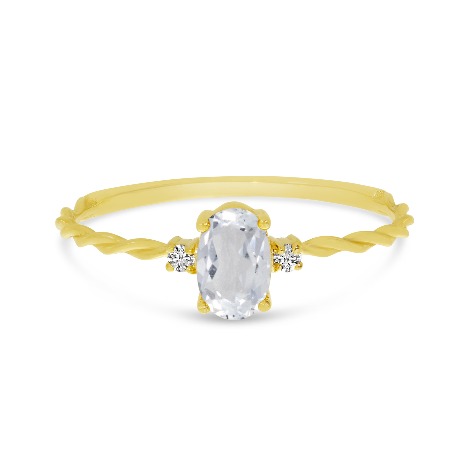 14K Yellow Gold Oval White Topaz Birthstone Twisted Band Ring