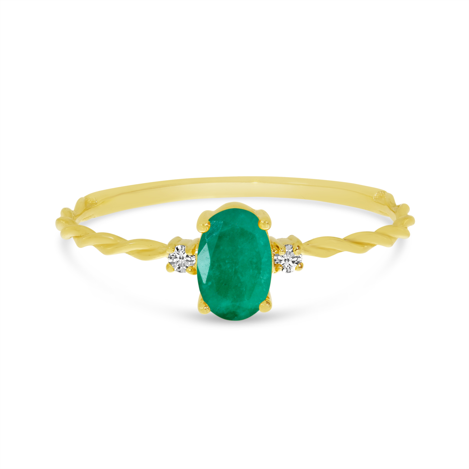 14K Yellow Gold Oval Emerald Birthstone Twisted Band Ring