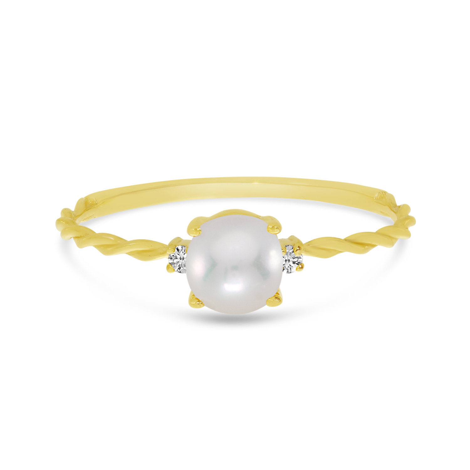 14K Yellow Gold Oval Pearl Birthstone Twisted Band Ring