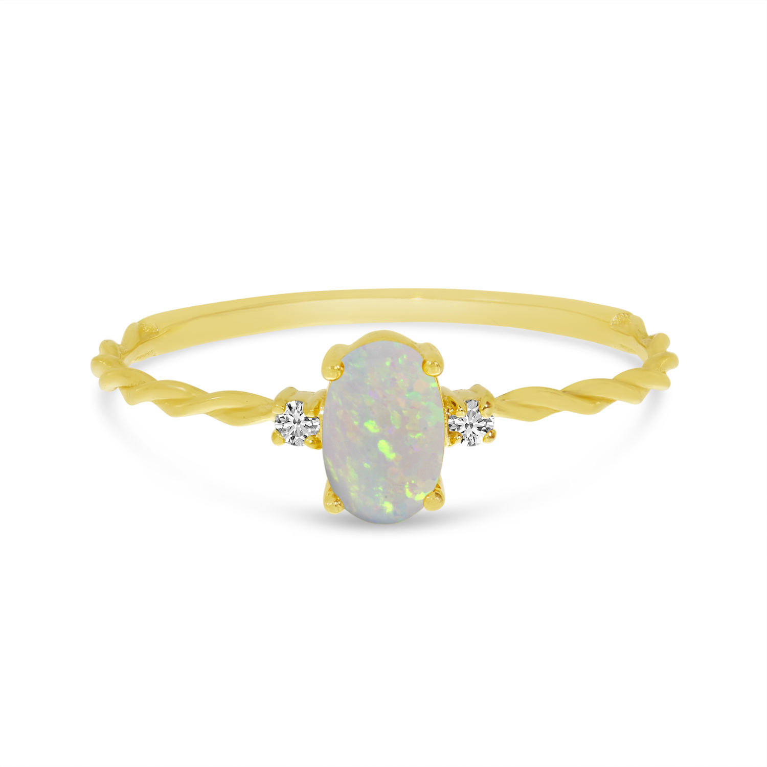 14K Yellow Gold Oval Opal Birthstone Twisted Band Ring