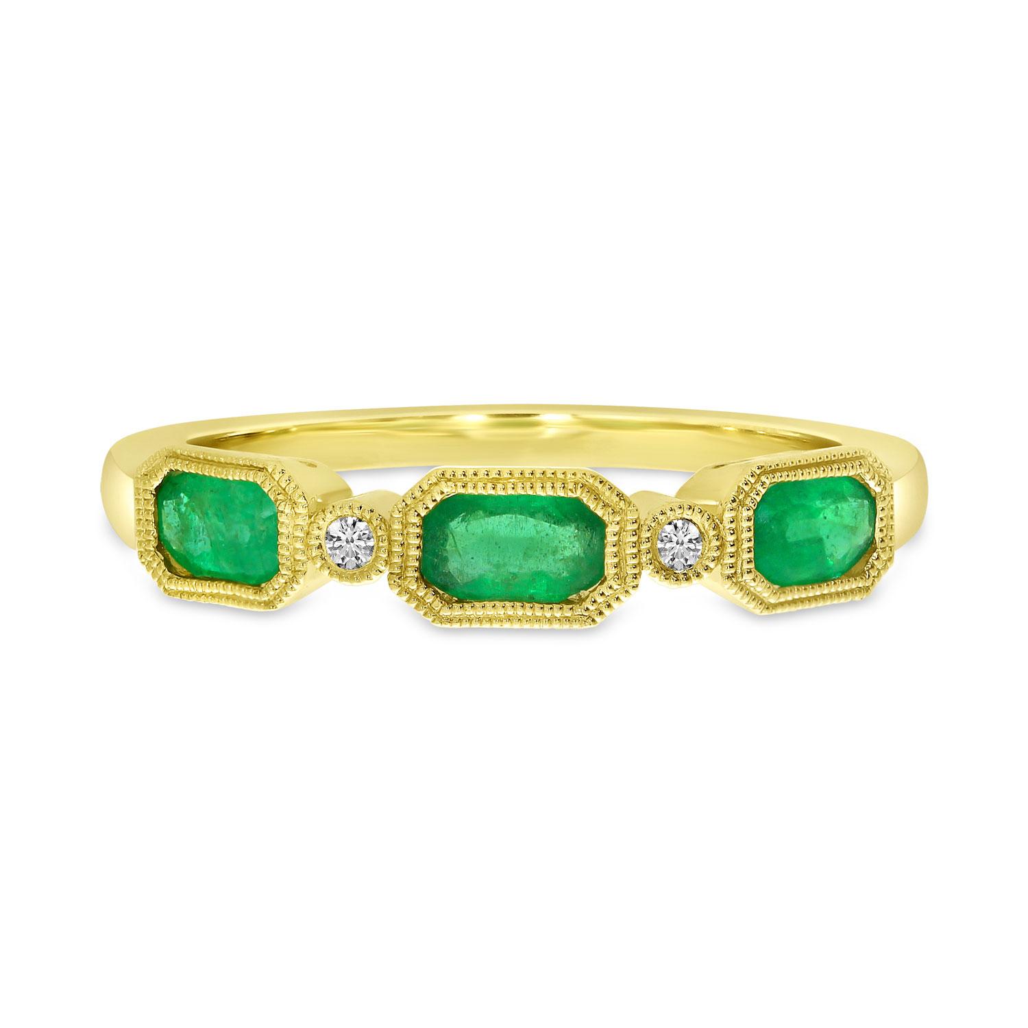 14K Yellow Gold Triple Oval Emerald and Diamond Cushion Ring