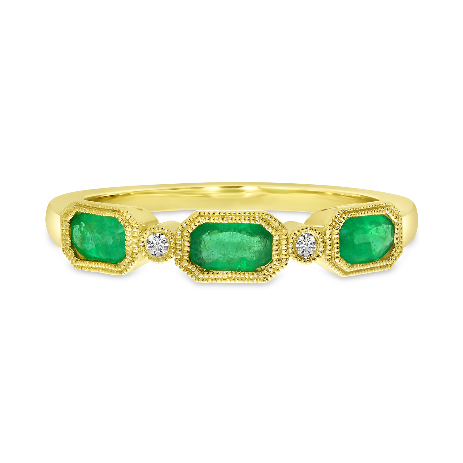 14K Yellow Gold Triple Oval Emerald and Diamond Cushion Ring