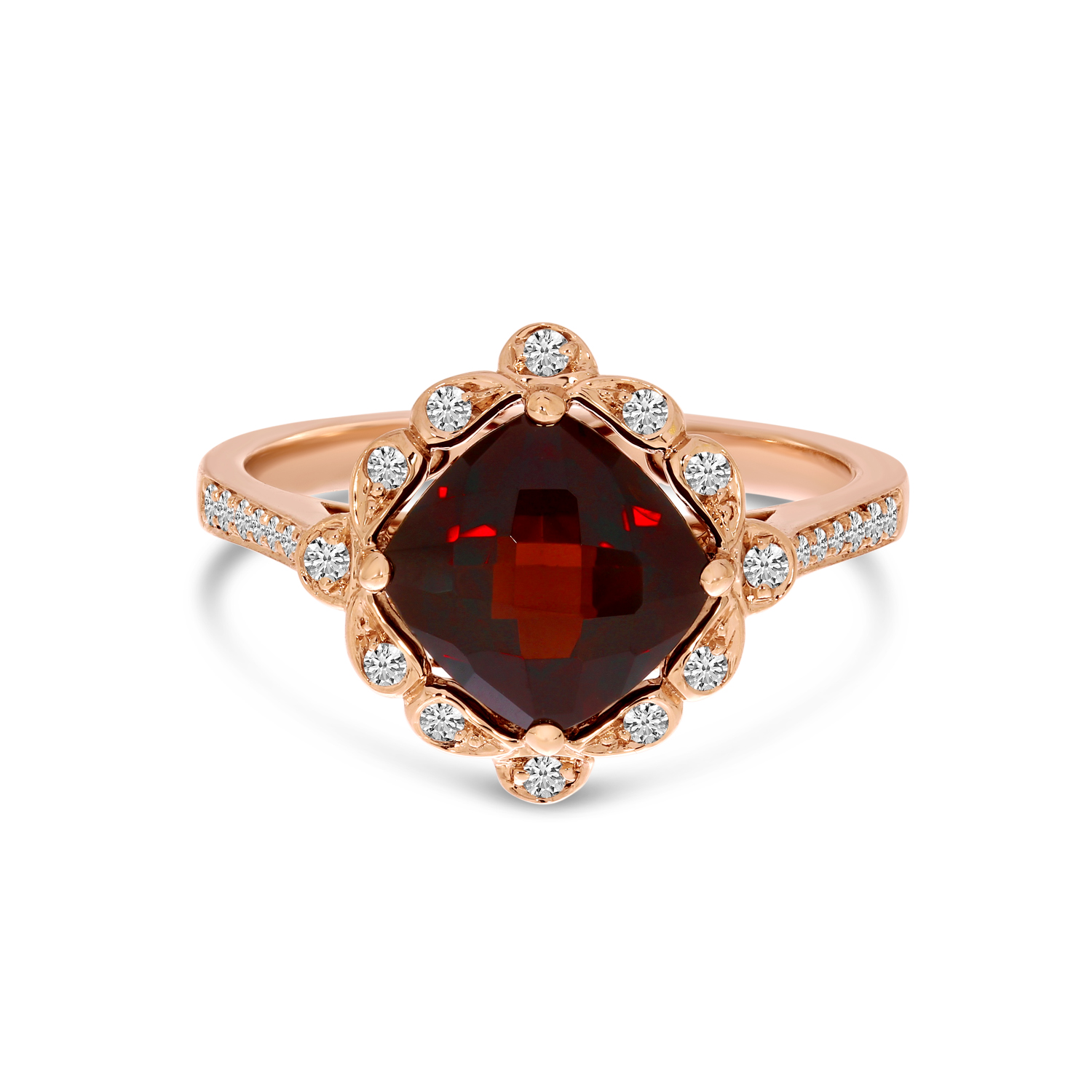 14K Rose Gold Cushion Garnet Flower Ring