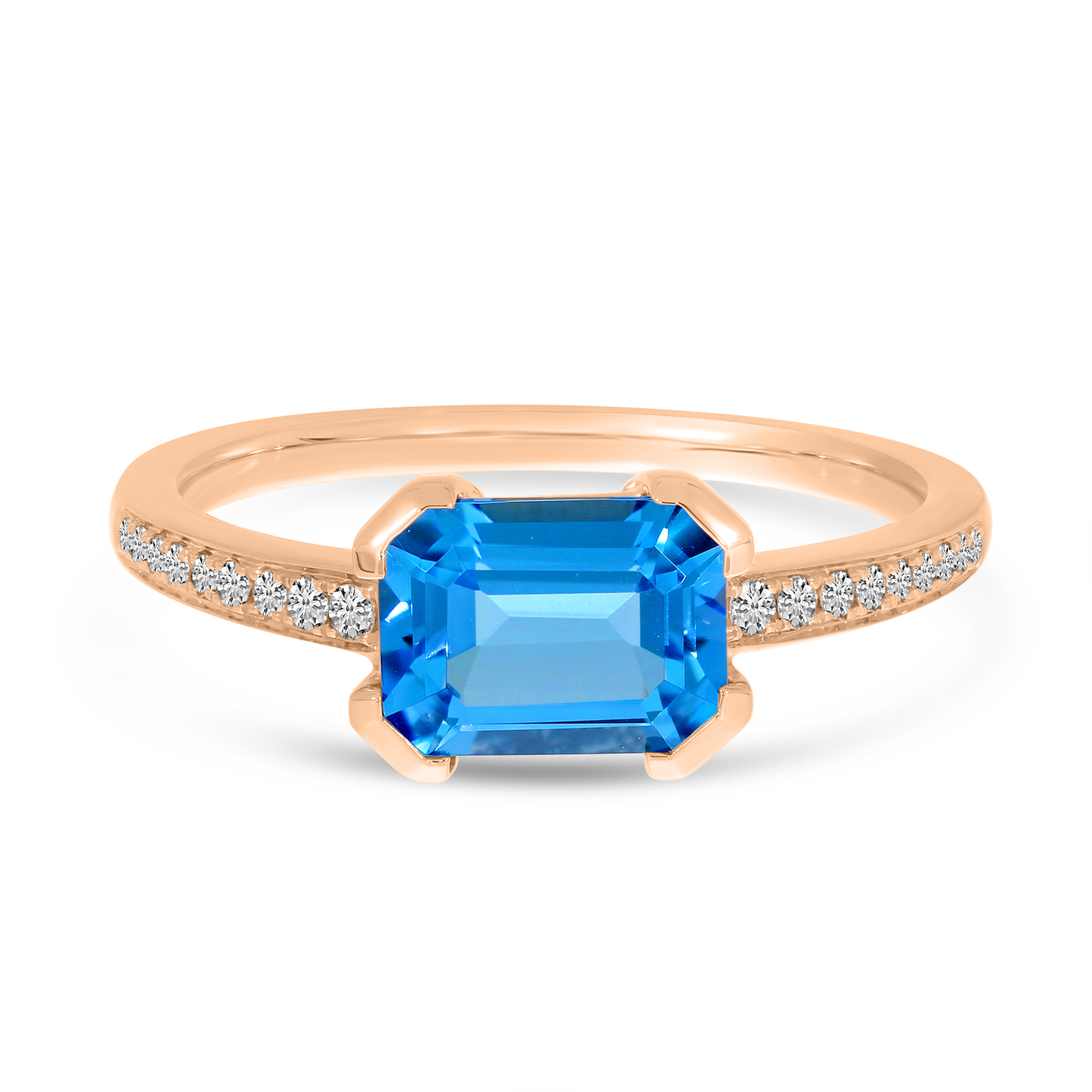 14K Rose Gold Blue Topaz Semi Emerald-Cut Pave Ring