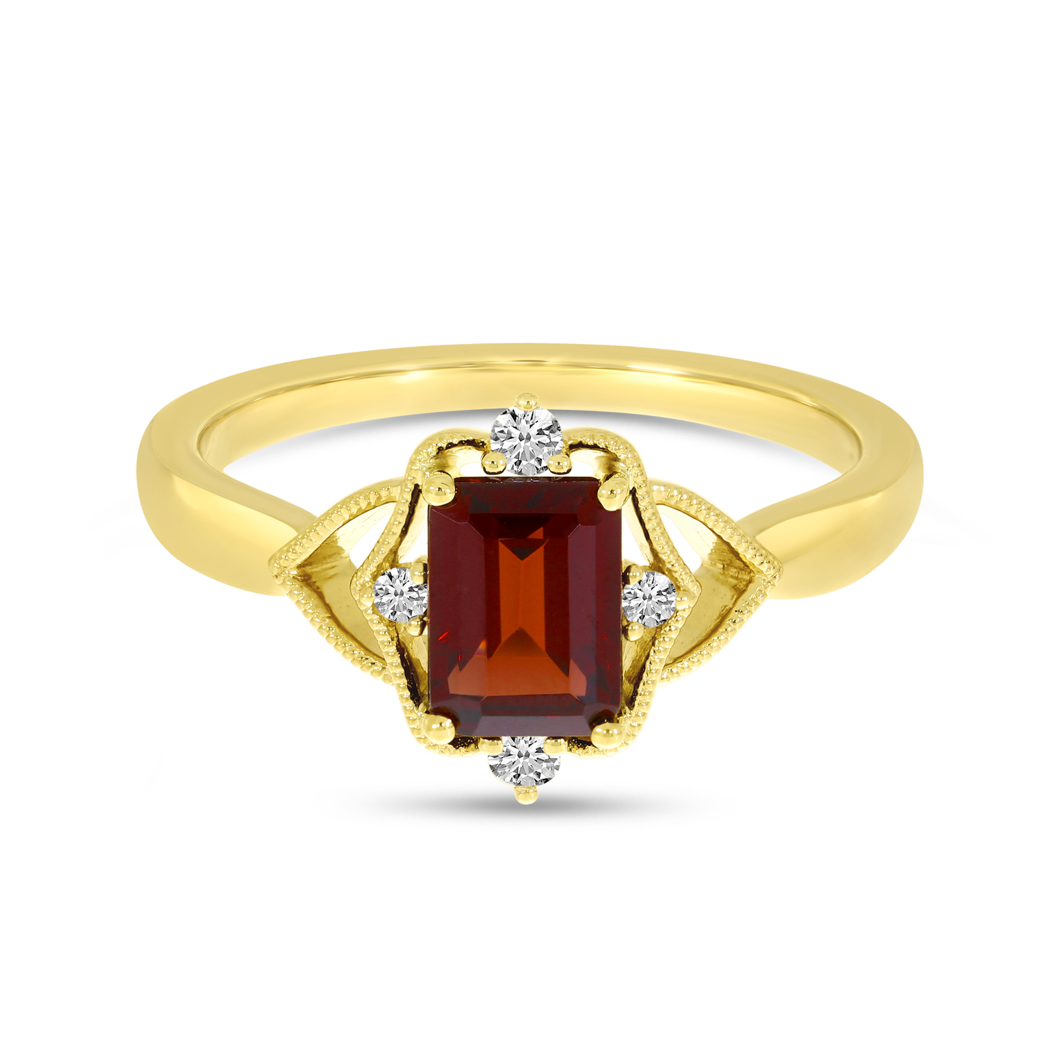 14K Yellow Gold Garnet Semi Emerald-Cut Millgrain Halo Ring