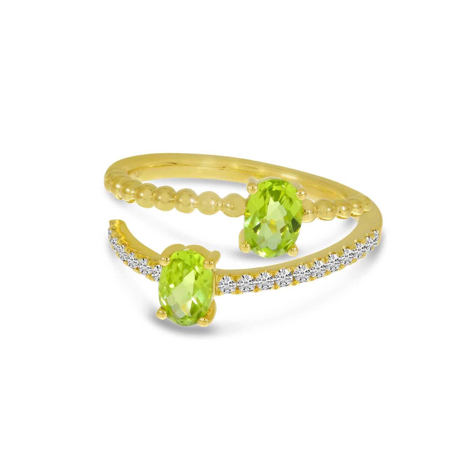 14K Yellow Gold Oval Peridot Bypass Princess Cut Duo Ring