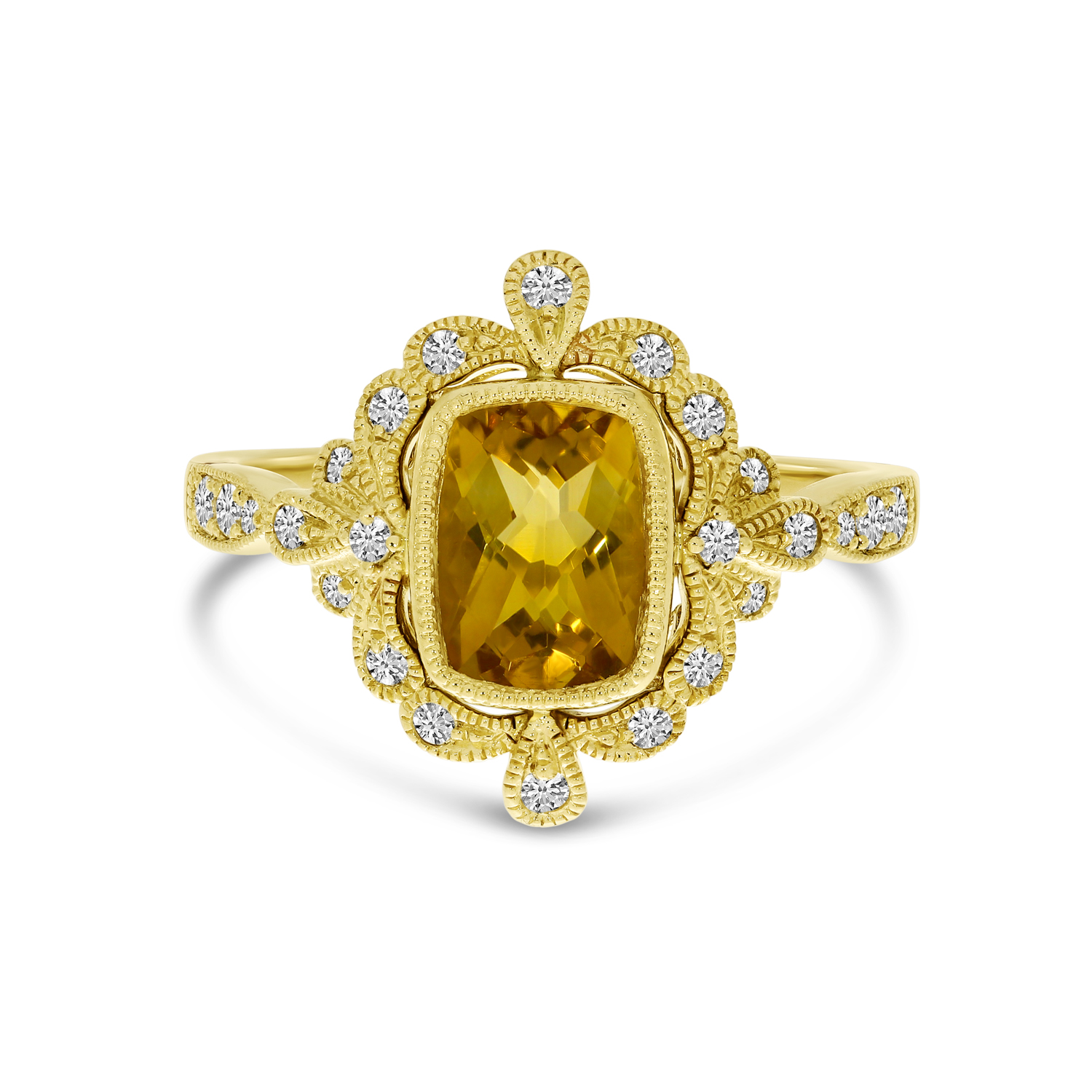 14K Yellow Gold Citrine Cushion Ornate Diamond Millgrain Ring