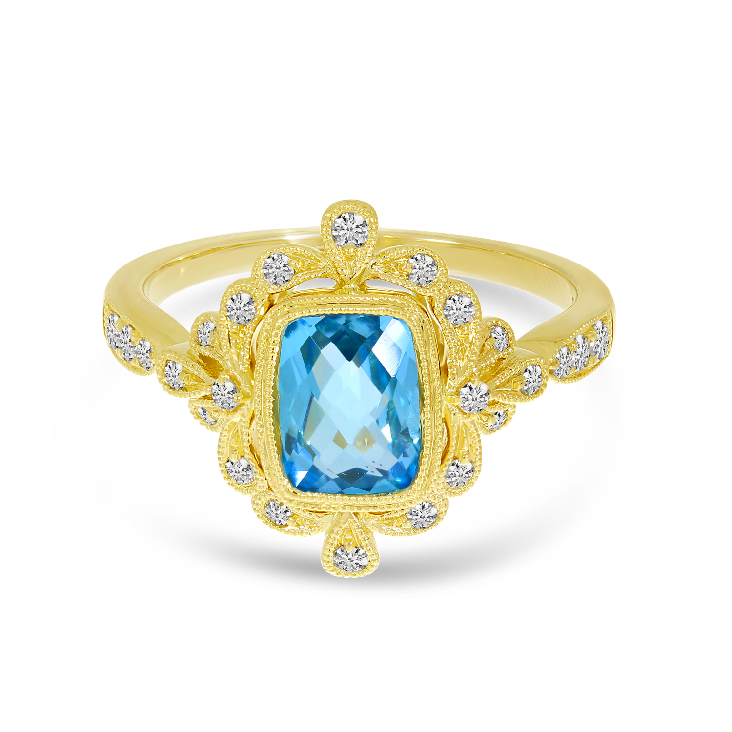 14K Yellow Gold Blue Topaz Cushion Ornate Diamond Millgrain Ring