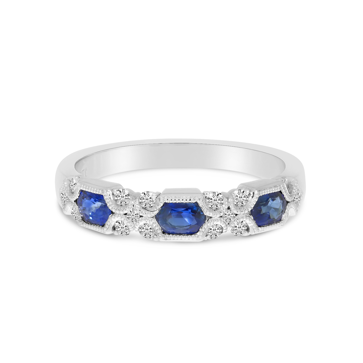 14K White Gold Hexagon Sapphire & Diamond Millgrain Ring