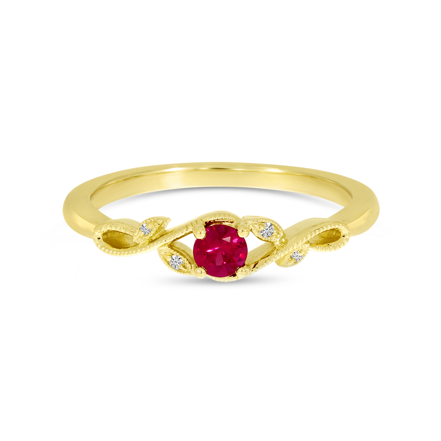 14K Yellow Gold Round Ruby Millgrain Leaf Ring