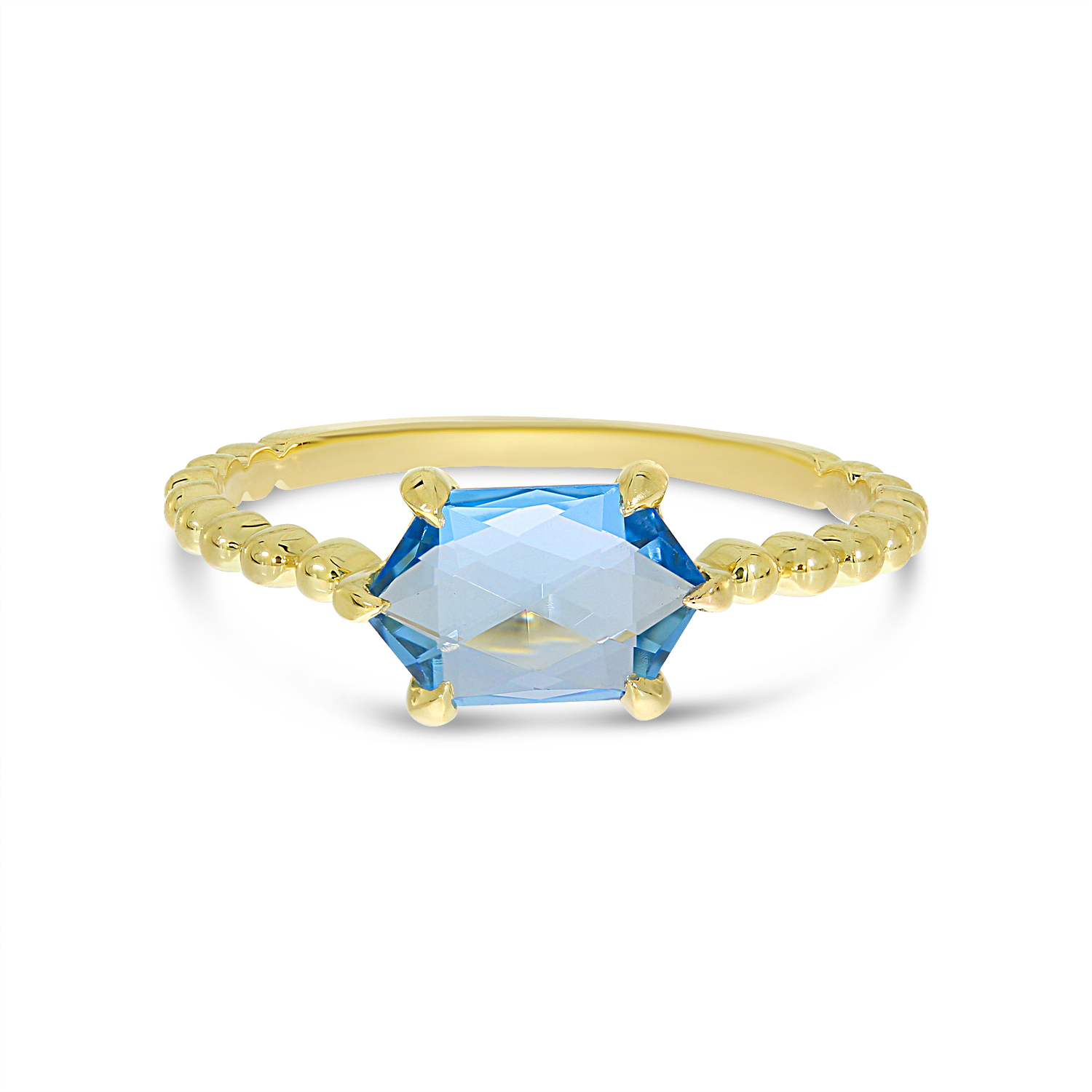 14K Yellow Gold Hexagon Blue Topaz Beaded Ring
