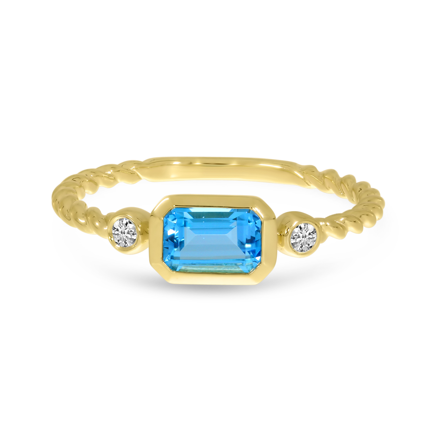 14K Yellow Gold Blue Topaz Semi Octagon Twist Band Ring