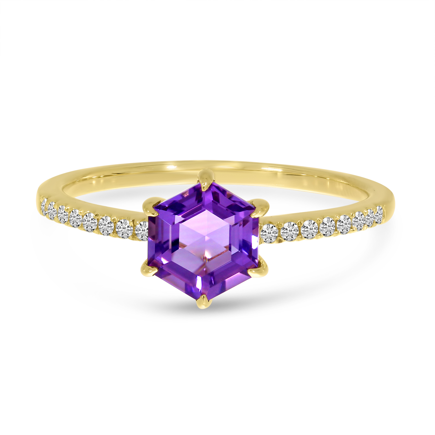 14K Yellow Gold Amethyst Semi Hexagon Diamond Band Ring