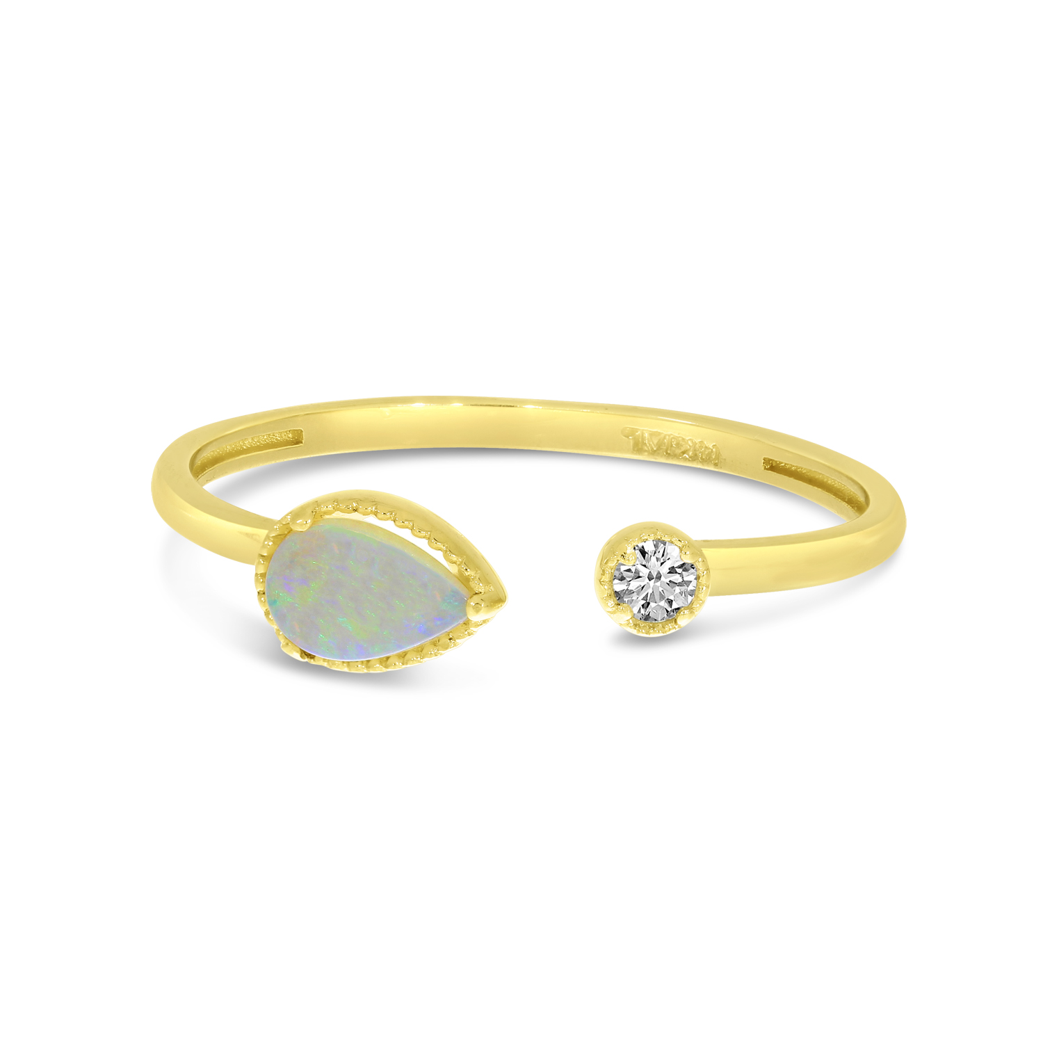 14K Yellow Gold Pear Opal Birthstone & Diamond Open Duo Ring