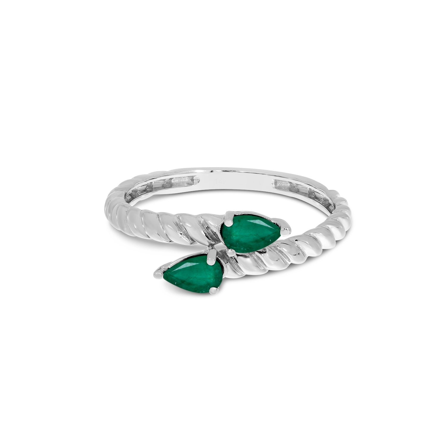 14K White Gold Pear Emerald Duo Twist Band Ring