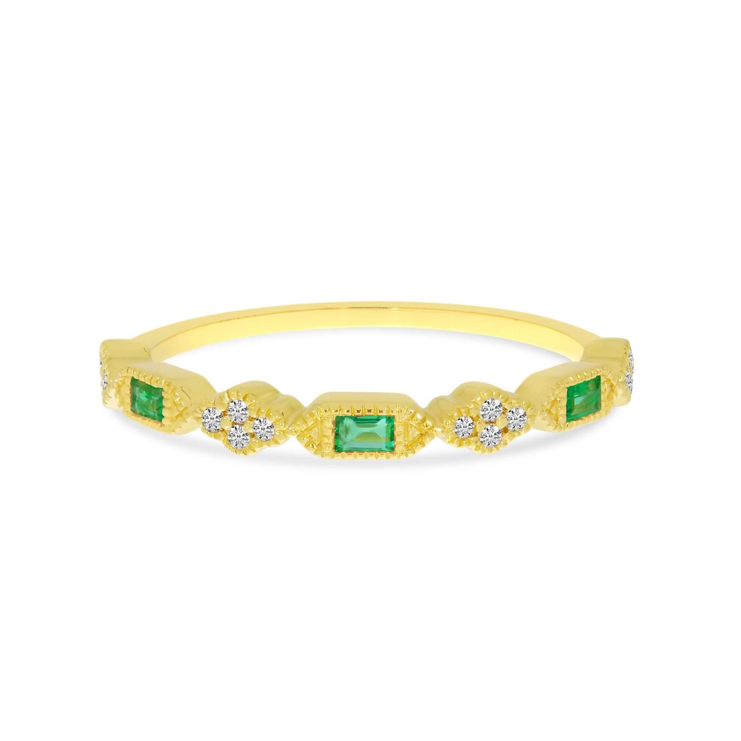 14K Yellow Gold Emerald-Cut Emerald & Diamond Stackable Ring