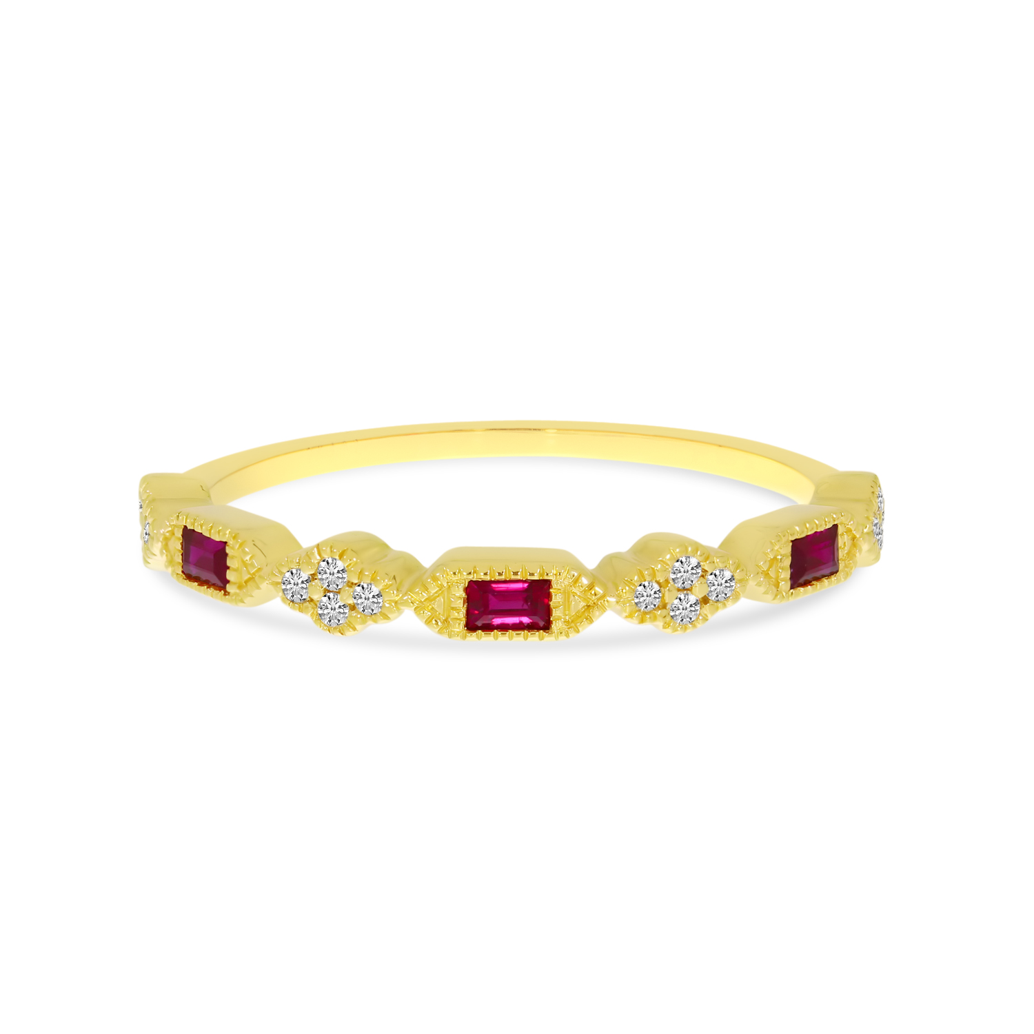 14K Yellow Gold Emerald-Cut Ruby & Diamond Stackable Ring