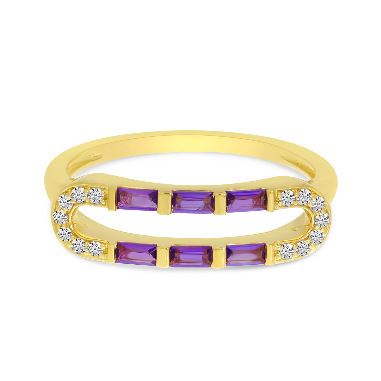 14K Yellow Gold Baguette Amethyst & Diamond Open Ring