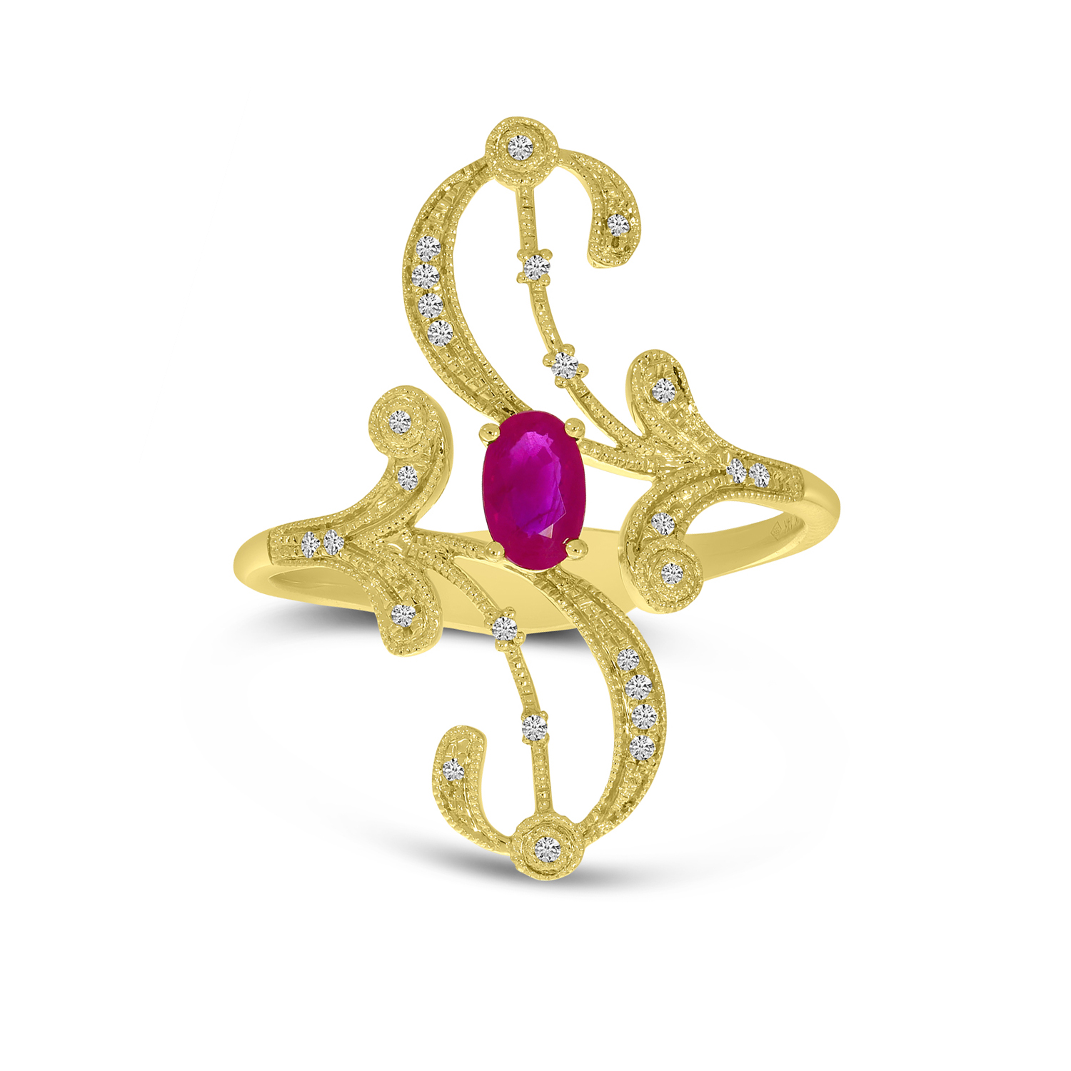 14K Yellow Gold Diamond & Oval Ruby Swirl Filigree Ring