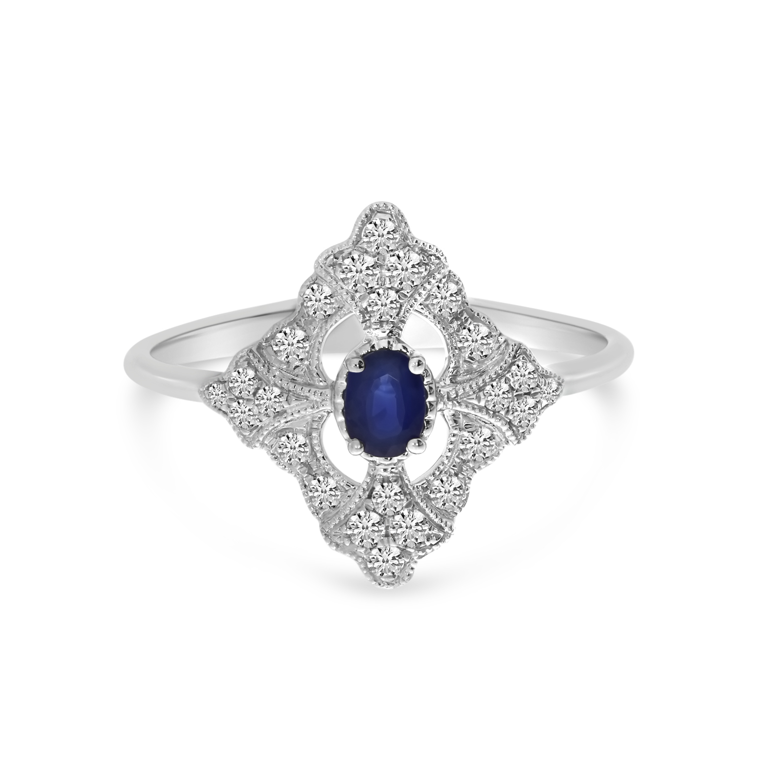 14K White Gold Oval Sapphire and Diamond Art Deco Ring