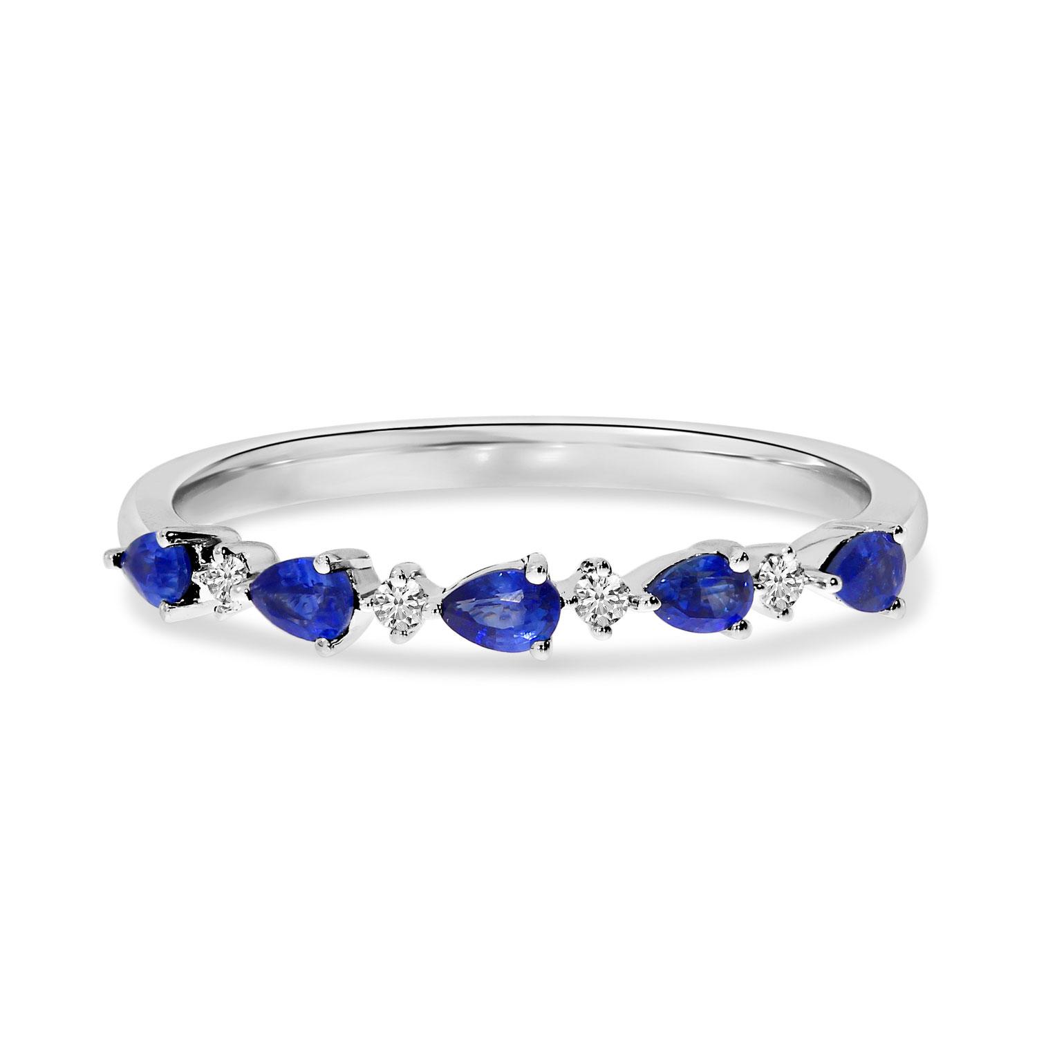 14K White Gold Sapphire and Diamond East to West Pear Band