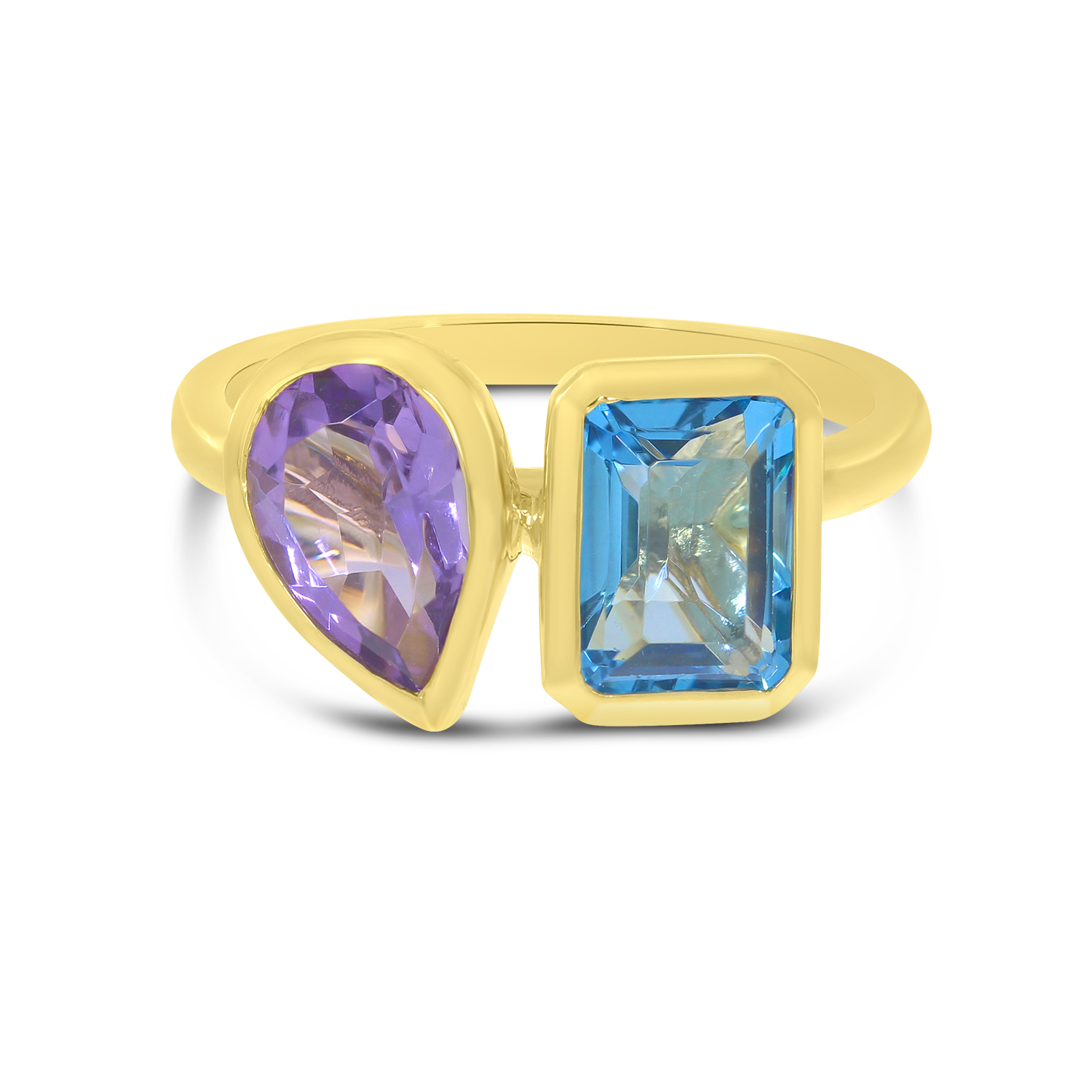 14K Yellow Gold Emerald Cut Blue Topaz and Pear Amethyst Semi Precious Duo Ring