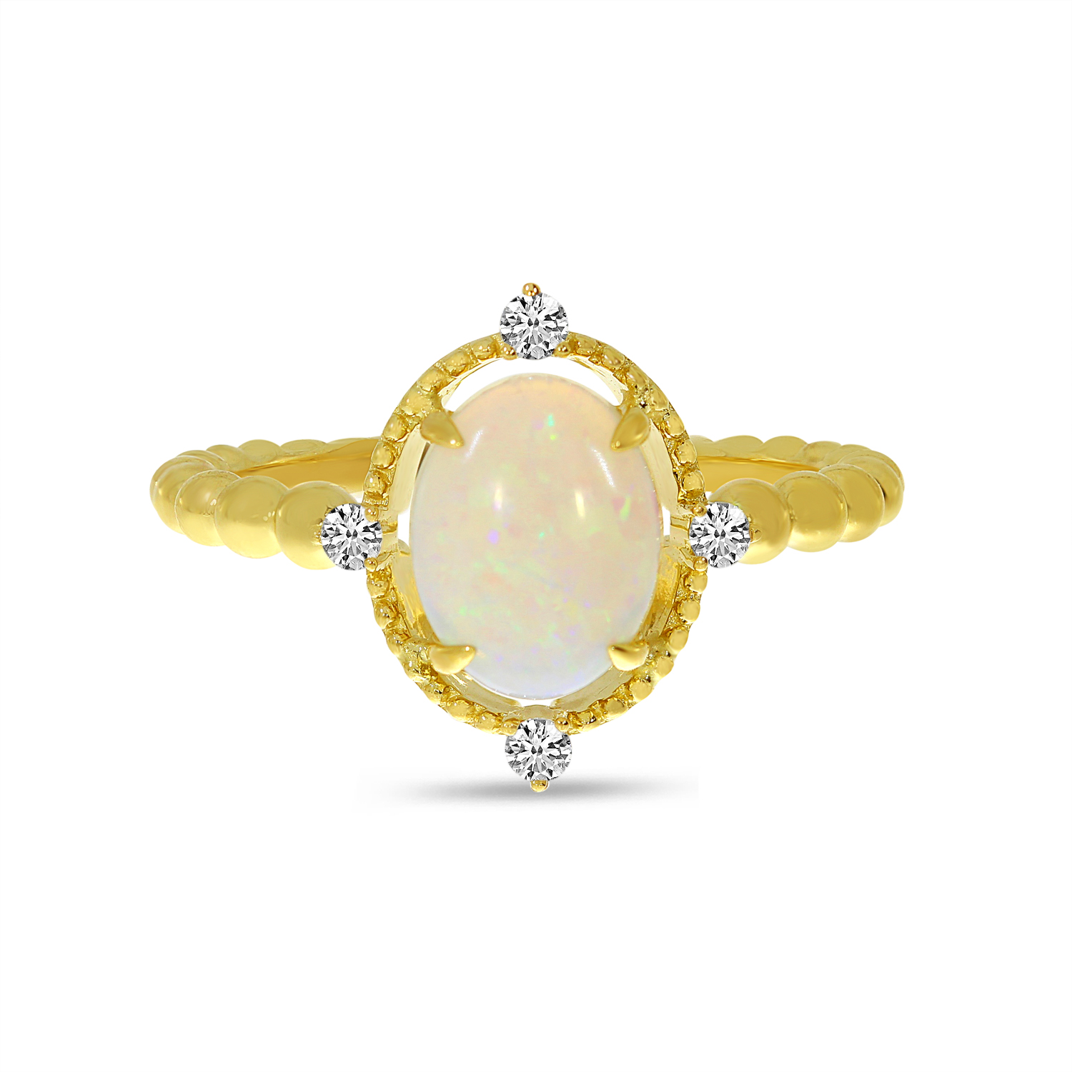14K Yellow Gold Opal and Diamond Beaded Band Ring