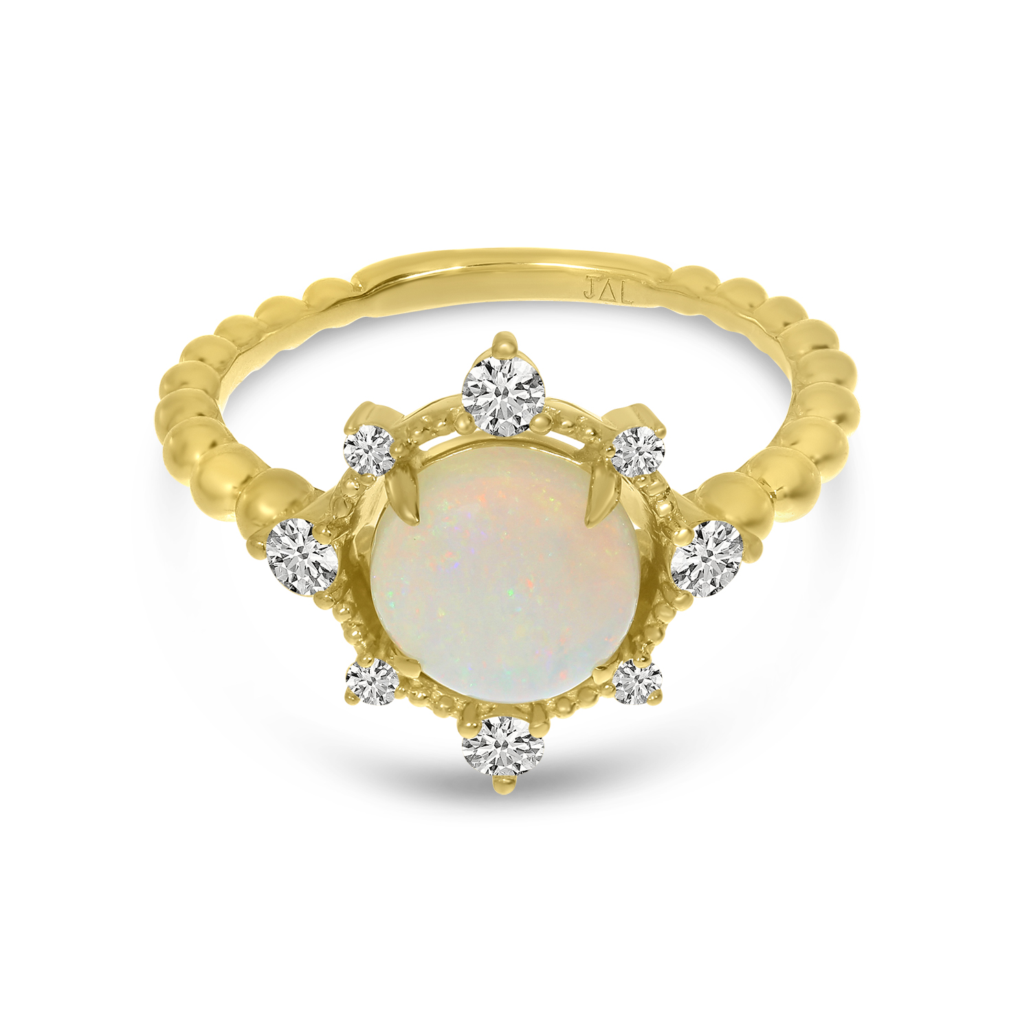 14K Yellow Gold Opal and Beaded Band Ring