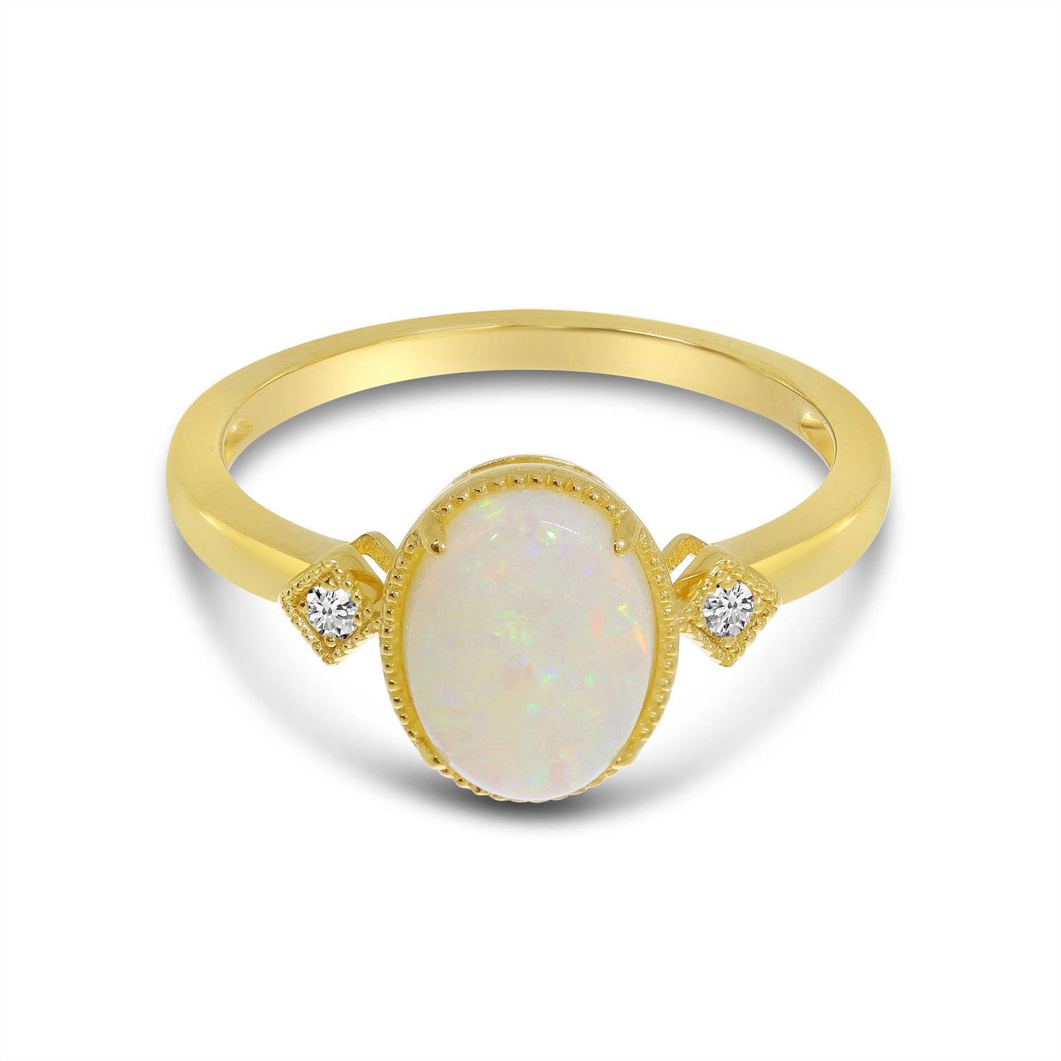 14K Yellow Gold Oval Opal Ring with Diamond Millgrain