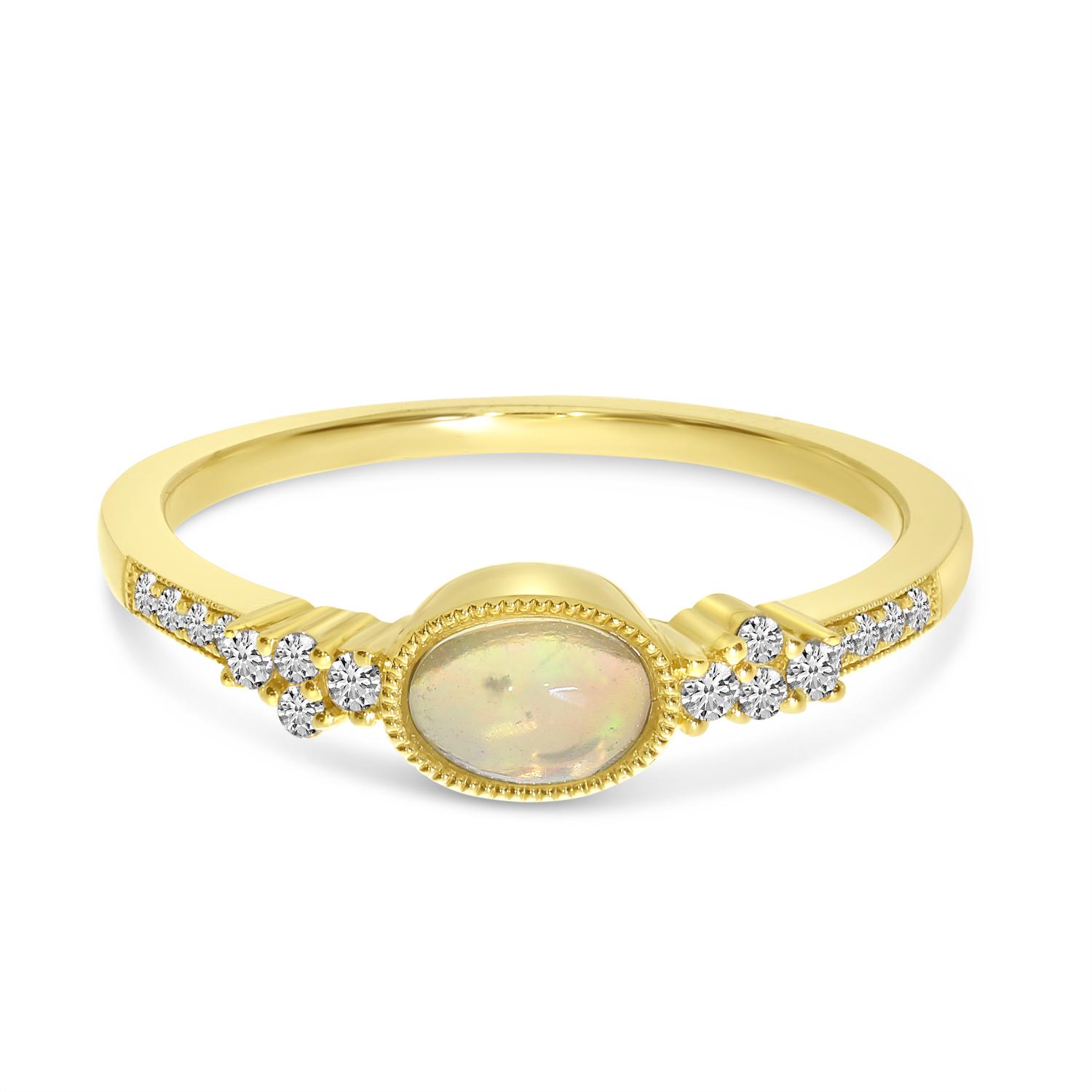 14k Yellow Gold Oval Opal and Diamond Milgrain Ring
