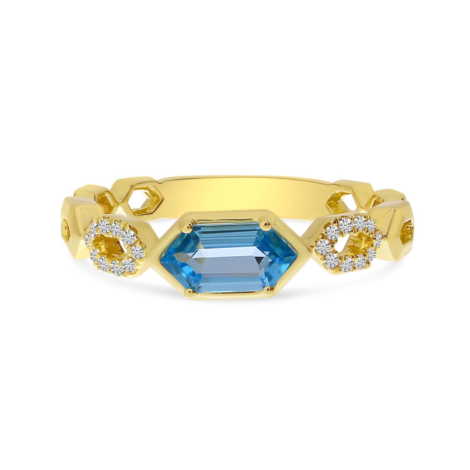 14K Yellow Gold Hexagon Blue Topaz and Diamond Chain Ring