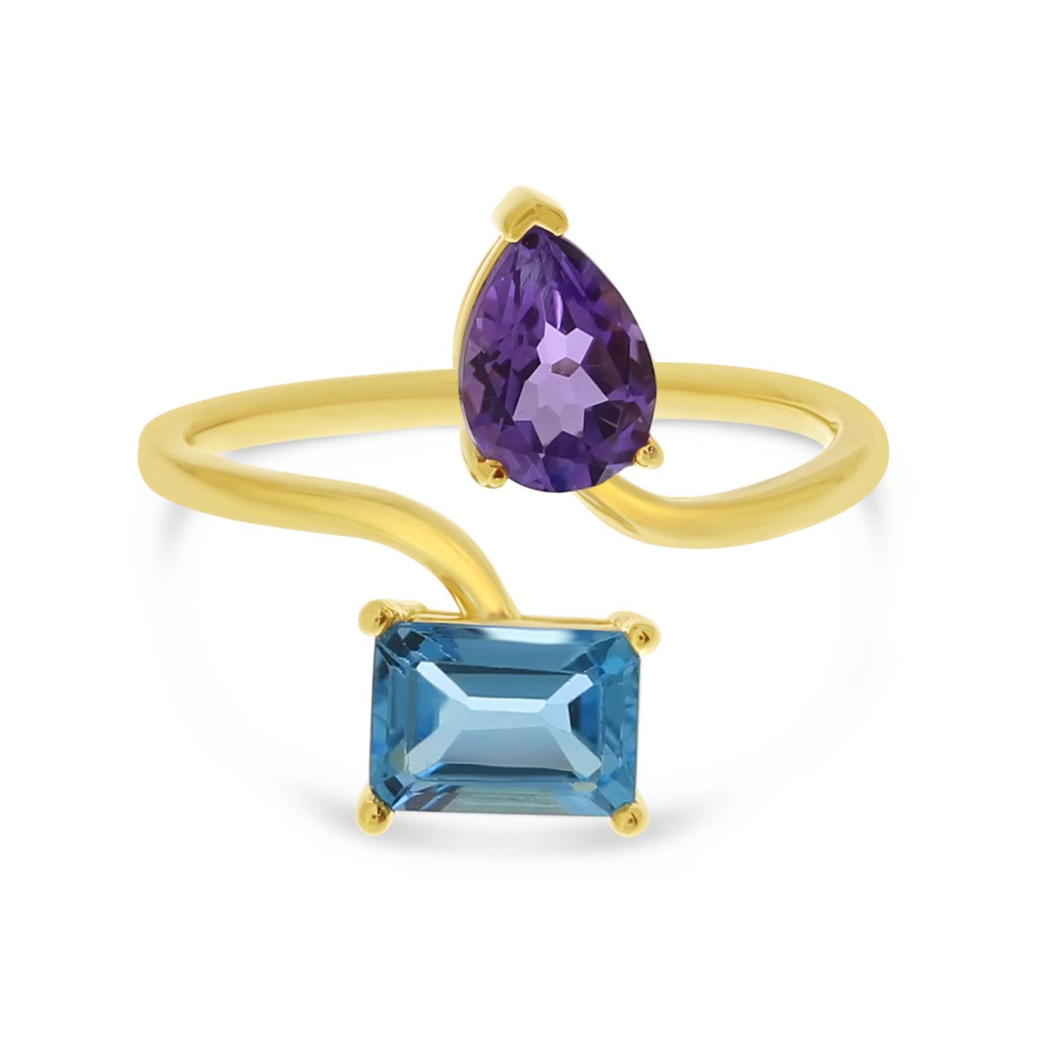 14K Yellow Gold Pear Amethyst and Octagon Blue Topaz Duo Semi Precious Ring