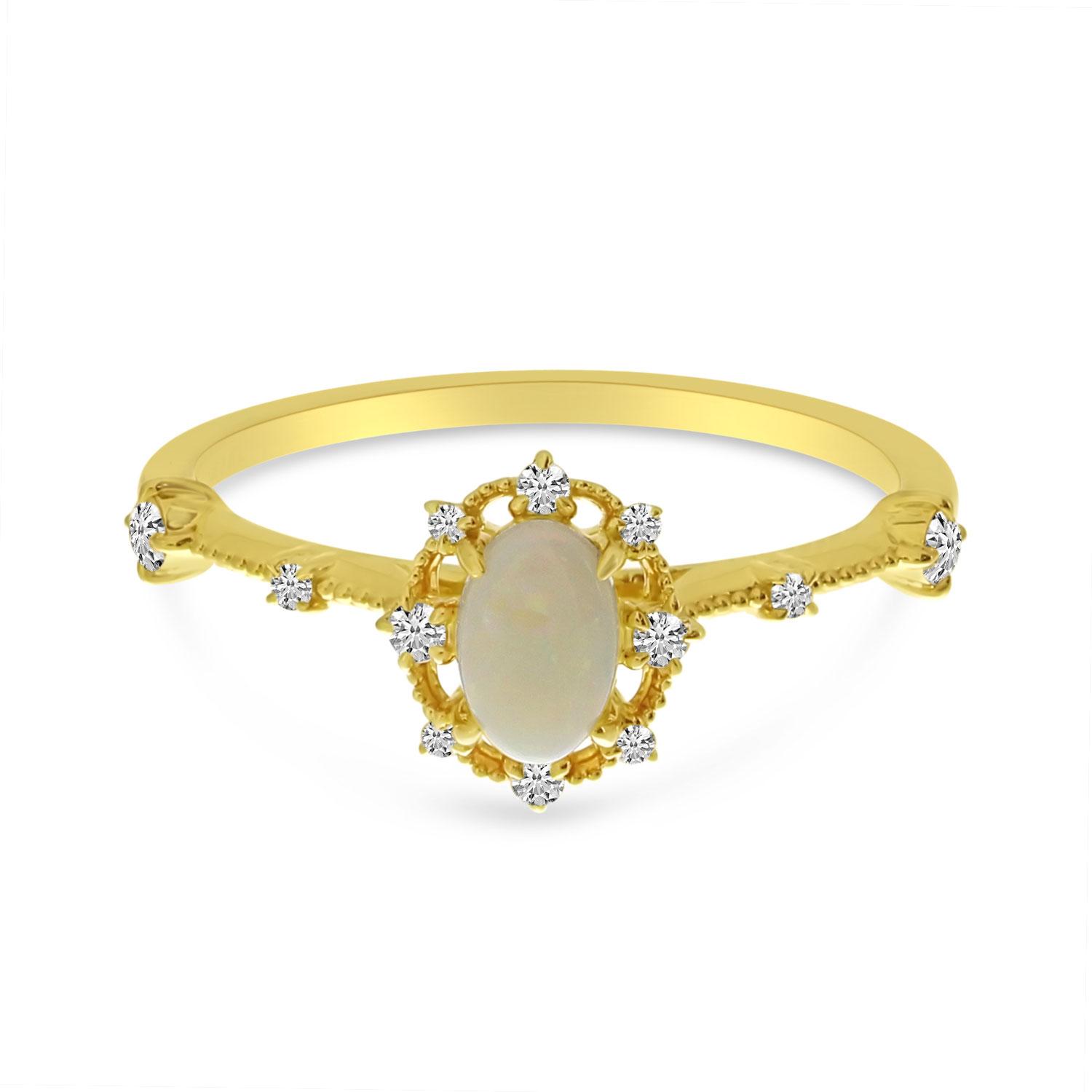 14K Yellow Gold Oval Opal and Diamond Semi Precious Ring