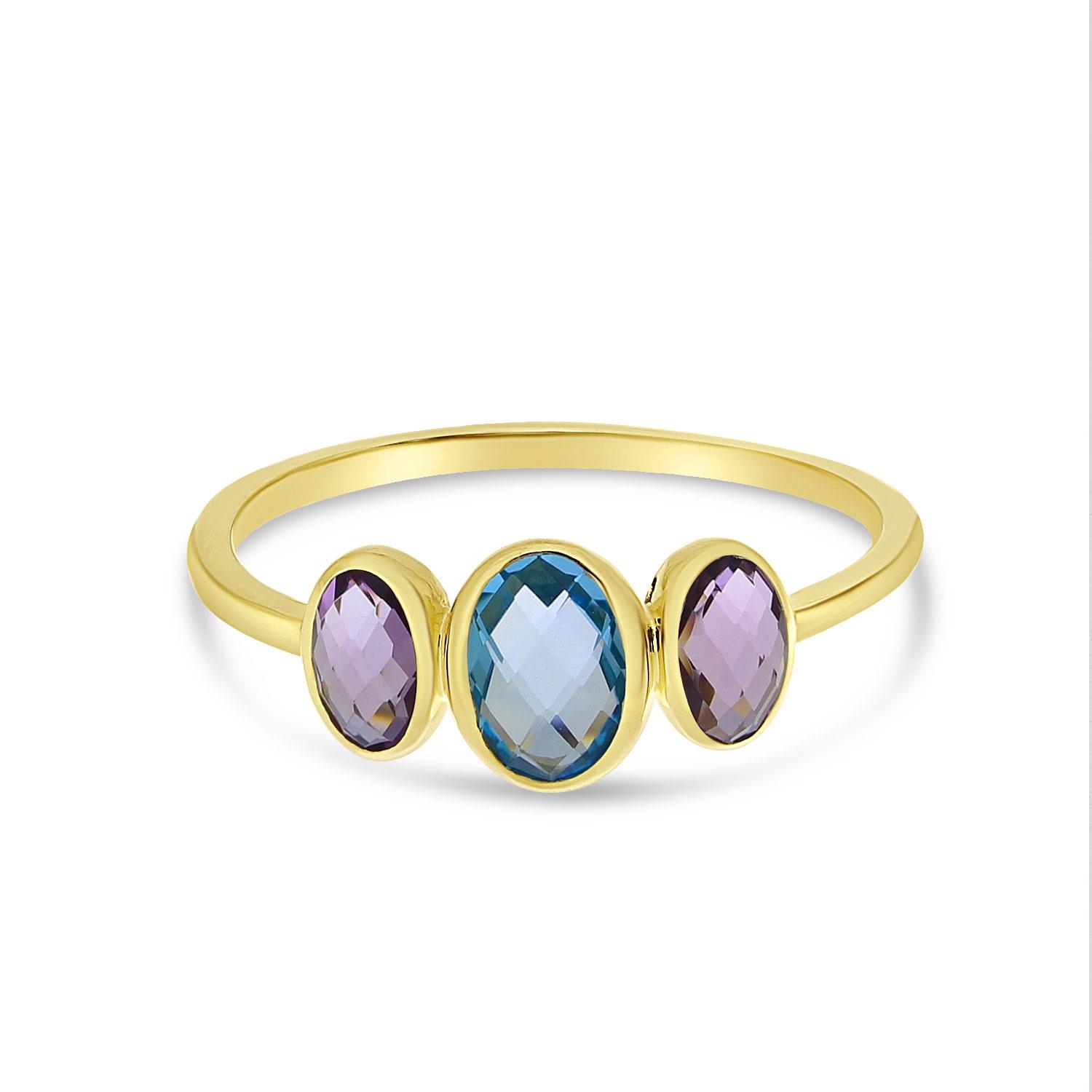 14K Yellow Gold Triple Oval Amethyst and Blue Topaz Bezel Set Ring