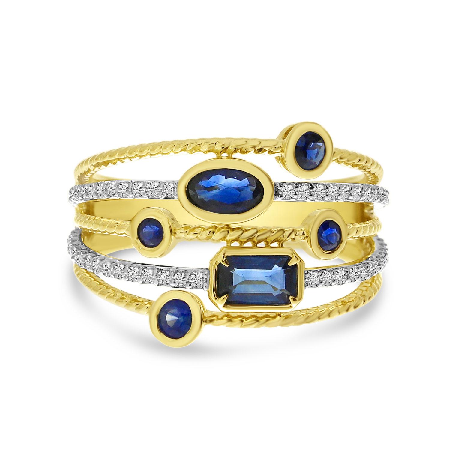 14K Yellow Gold Sapphire and Diamond 5 Band Precious Ring