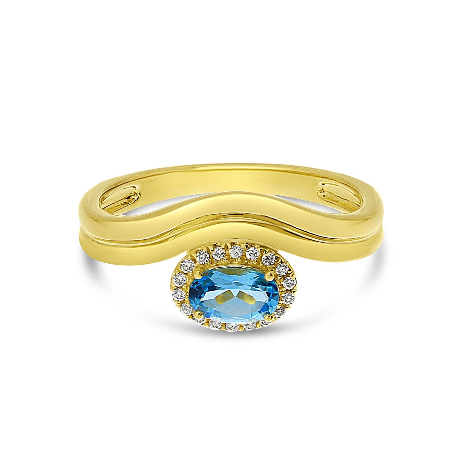 14K Yellow Gold Oval Blue Topaz and Diamond Wave Ring