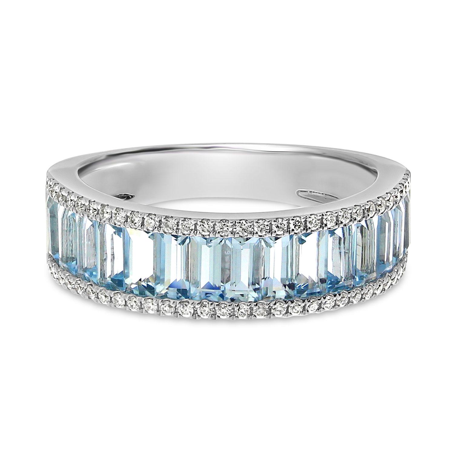 14K White Gold Baguette Aquamarine and Diamond Band