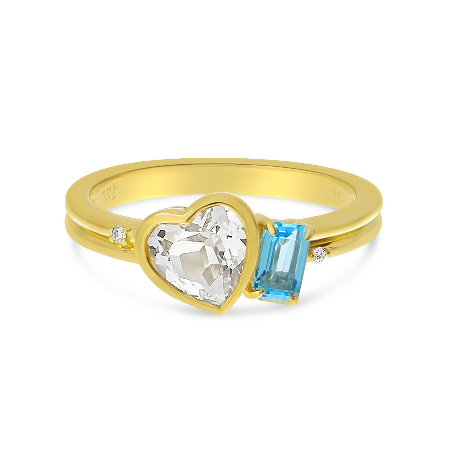 14K Yellow Gold Duo Heart Shape White Topaz and Octagon Blue Topaz Ring