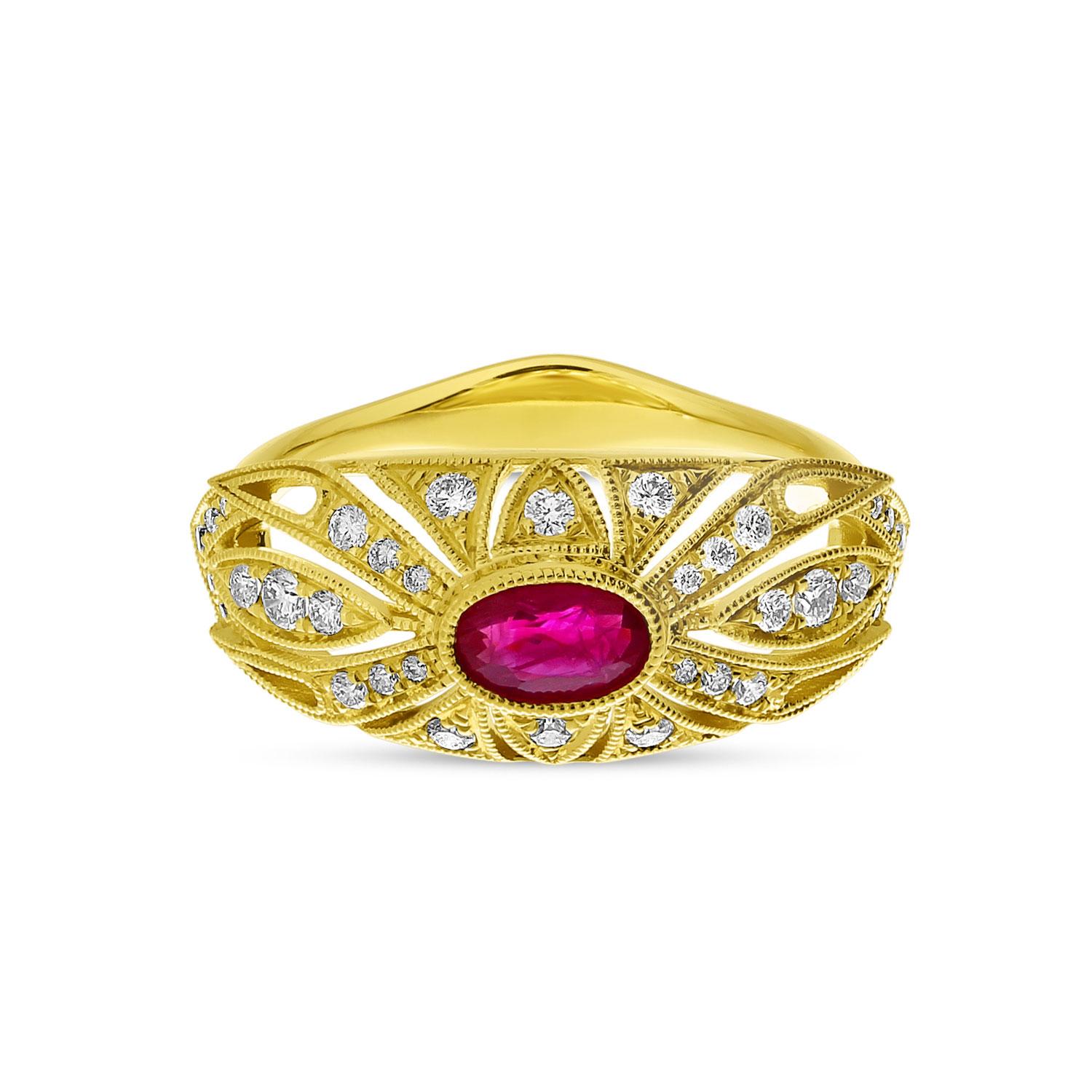 14K Yellow Gold Oval Ruby and Diamond Art Deco Precious Ring