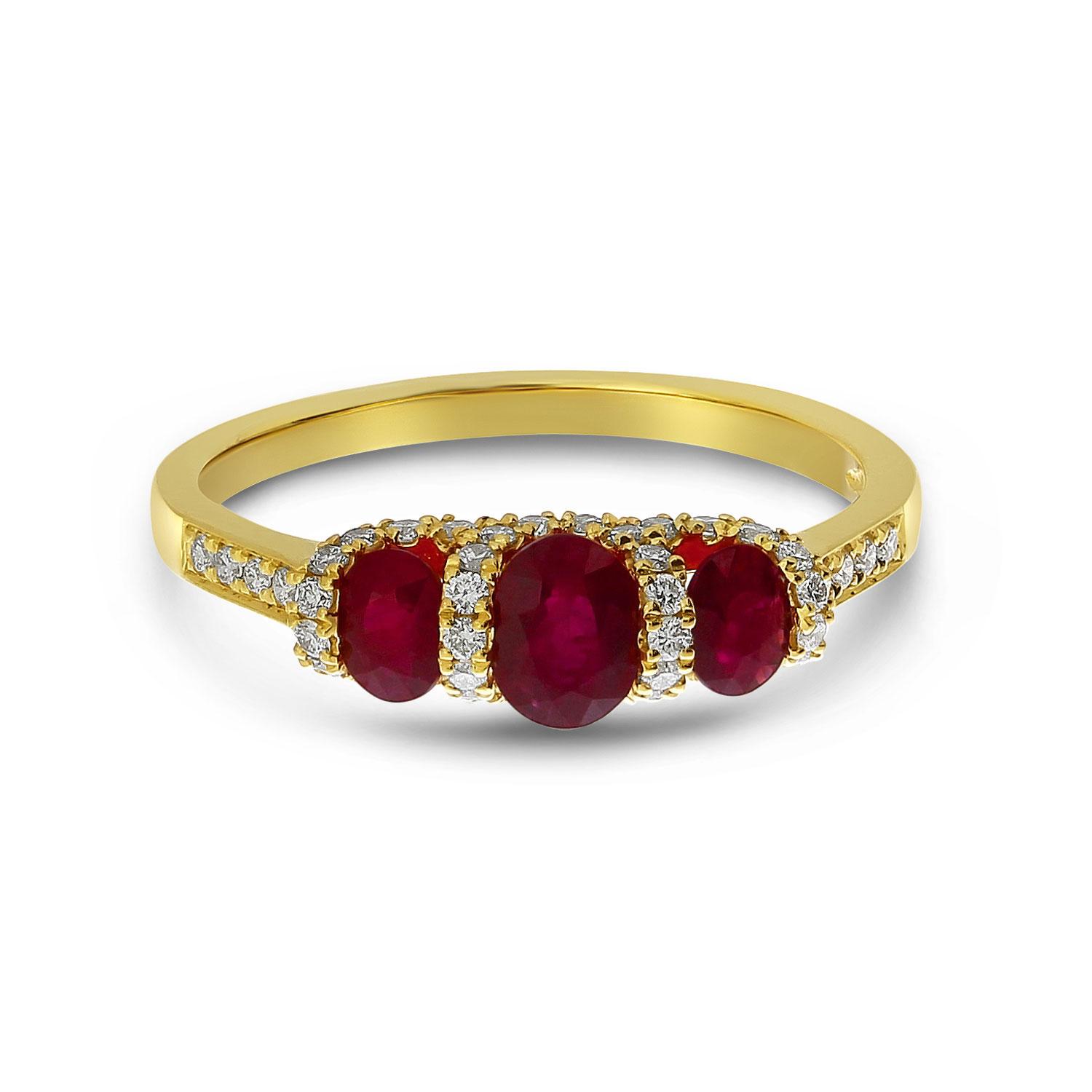 14K Yellow Gold Three stone Oval Ruby and Diamond Band
