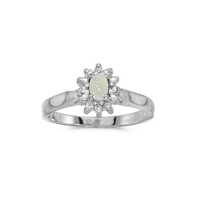14k White Gold Oval Opal And Diamond Ring