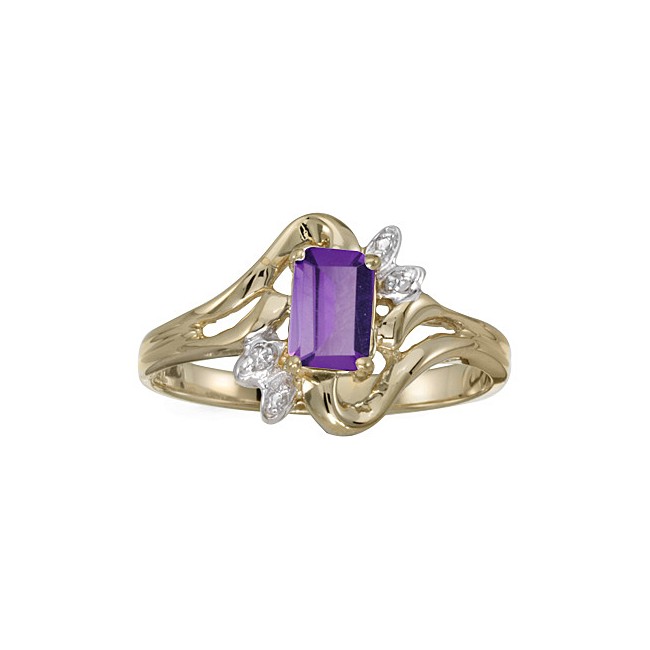 10k Yellow Gold Emerald-cut Amethyst And Diamond Ring