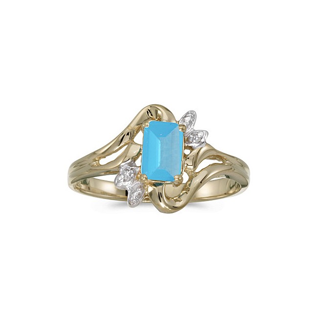 10k Yellow Gold Emerald-cut Blue Topaz And Diamond Ring