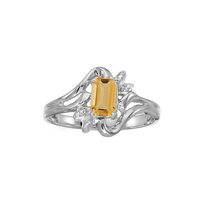 14k White Gold Emerald-cut Citrine And Diamond Ring